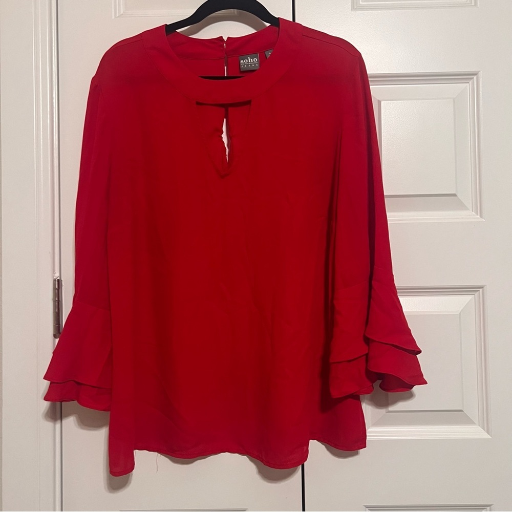 Soho Vibrant Red Blouse with Stylish Keyhole and Ruffle Sleeves